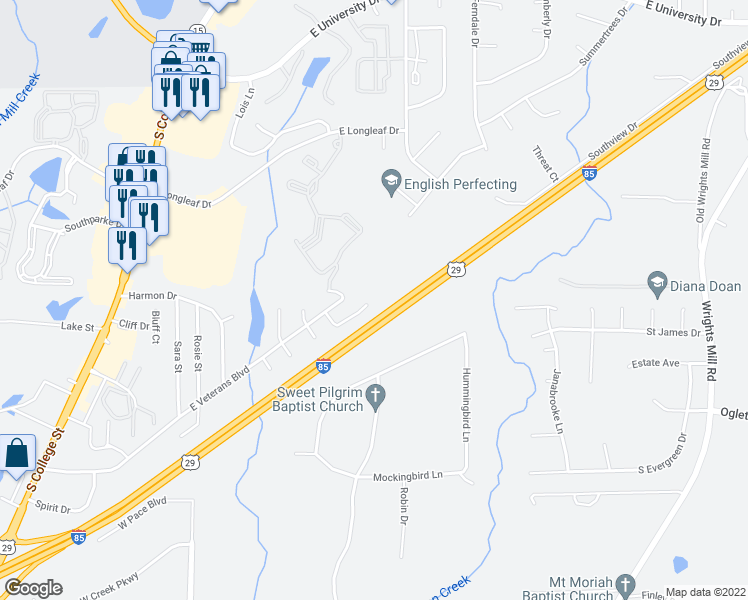 map of restaurants, bars, coffee shops, grocery stores, and more near 2034 Longview Court in Auburn