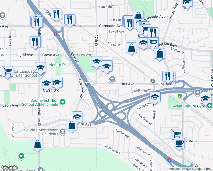 map of restaurants, bars, coffee shops, grocery stores, and more near 2764 Terrace Pine Drive in San Diego