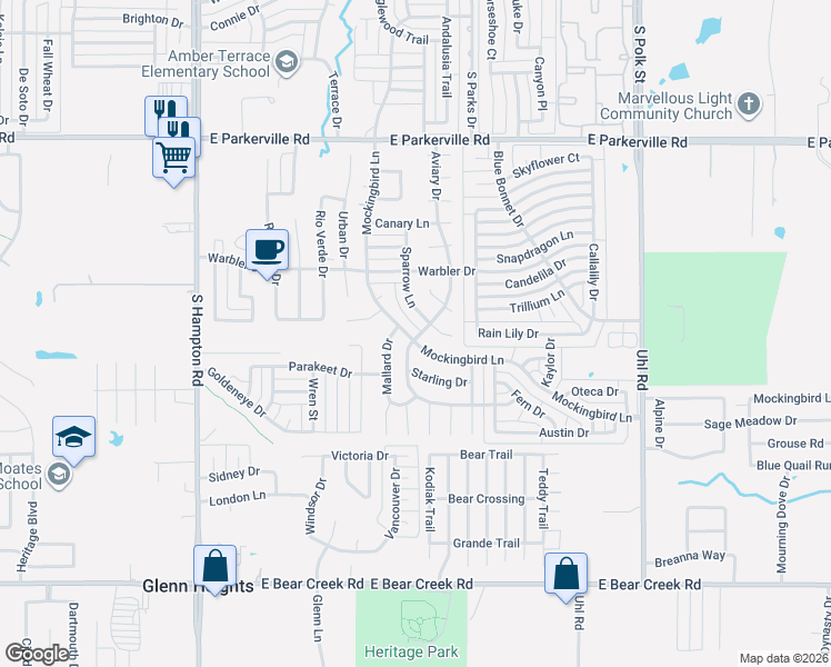 map of restaurants, bars, coffee shops, grocery stores, and more near 1226 Mockingbird Lane in DeSoto