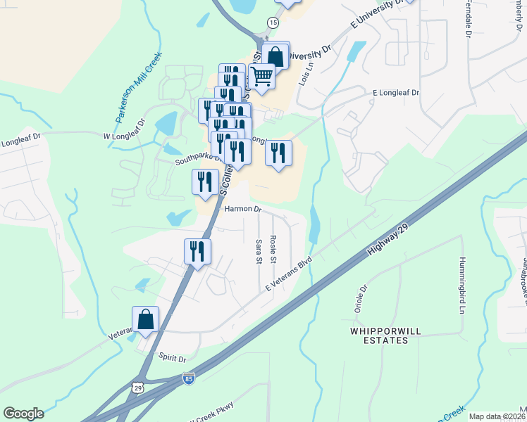 map of restaurants, bars, coffee shops, grocery stores, and more near Harmon Drive in Auburn