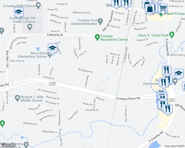 map of restaurants, bars, coffee shops, grocery stores, and more near 480 Brookbank Drive in Crowley