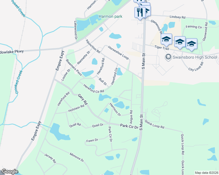 map of restaurants, bars, coffee shops, grocery stores, and more near 251 Hereford Circle in Swainsboro