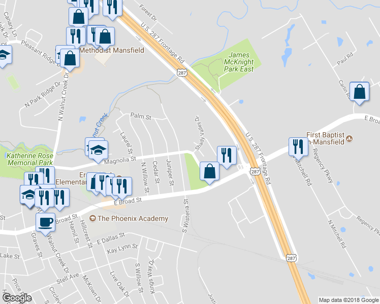 map of restaurants, bars, coffee shops, grocery stores, and more near 110 Magnolia Street in Mansfield