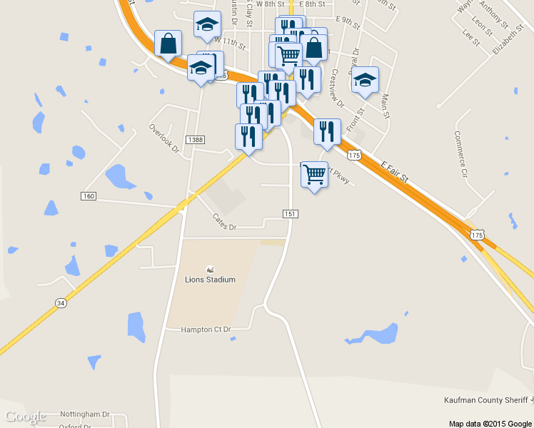map of restaurants, bars, coffee shops, grocery stores, and more near 709 Cates Dr in Kaufman