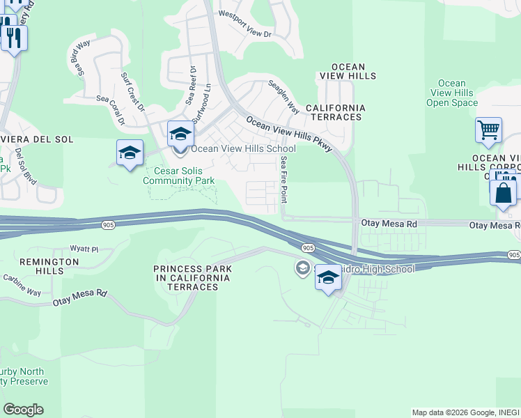 map of restaurants, bars, coffee shops, grocery stores, and more near 5240 Beachfront Cove in San Diego