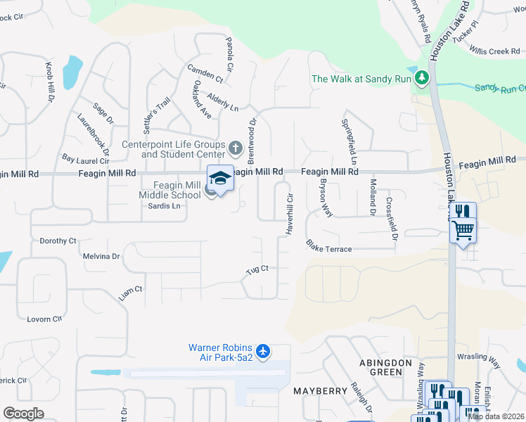 map of restaurants, bars, coffee shops, grocery stores, and more near 111 Haverhill Circle in Warner Robins