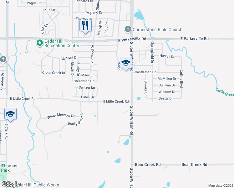 map of restaurants, bars, coffee shops, grocery stores, and more near 711 East Little Creek Road in Cedar Hill