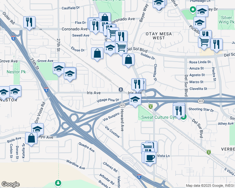 map of restaurants, bars, coffee shops, grocery stores, and more near 3060 Iris Avenue in San Diego