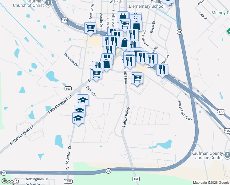 map of restaurants, bars, coffee shops, grocery stores, and more near 709 Cates Drive in Kaufman