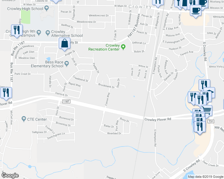 map of restaurants, bars, coffee shops, grocery stores, and more near 497 Brookbank Drive in Crowley