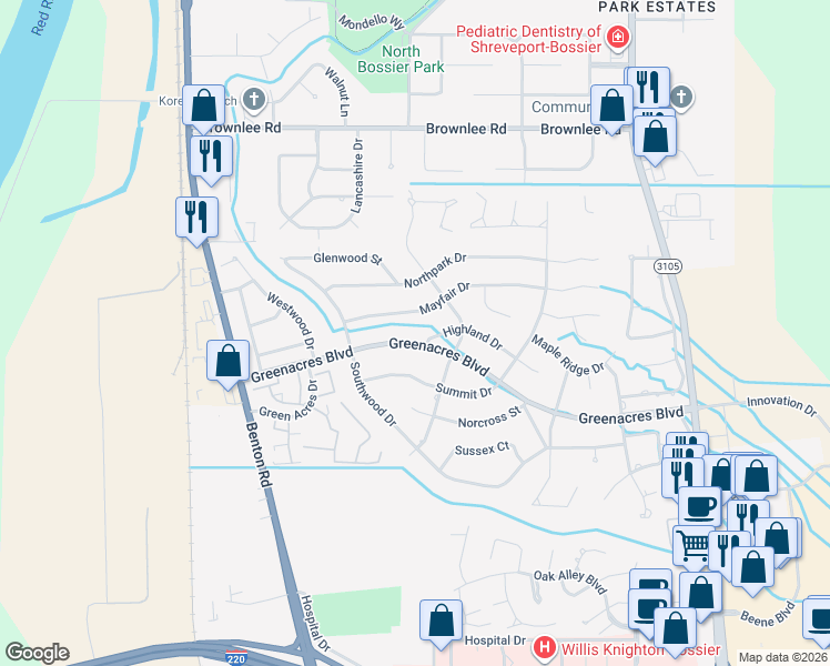 map of restaurants, bars, coffee shops, grocery stores, and more near 414 Mayfair Drive in Bossier City