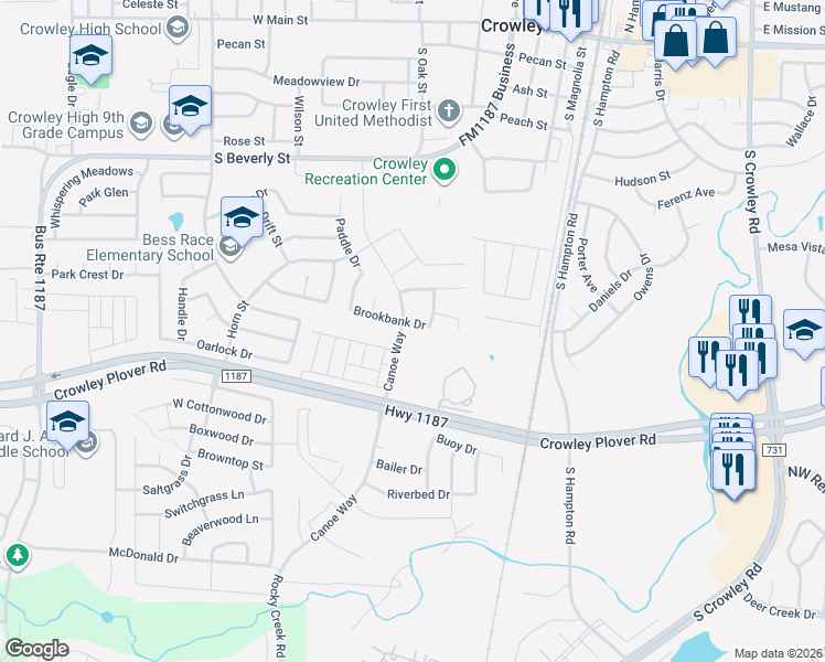 map of restaurants, bars, coffee shops, grocery stores, and more near 492 Brookbank Drive in Crowley