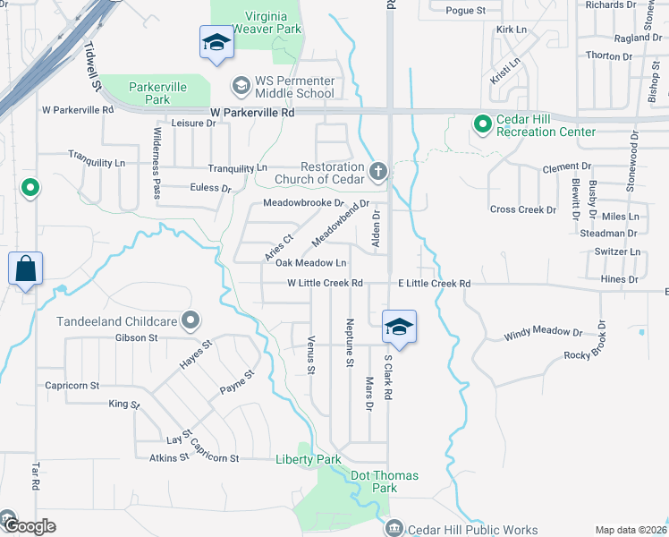 map of restaurants, bars, coffee shops, grocery stores, and more near 205 Oak Meadow Lane in Cedar Hill