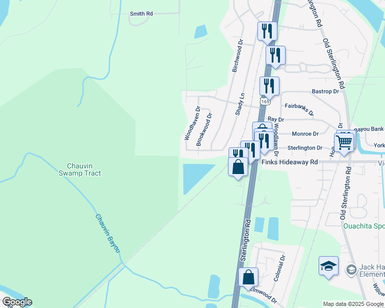 map of restaurants, bars, coffee shops, grocery stores, and more near 527 Shady Lane in Monroe