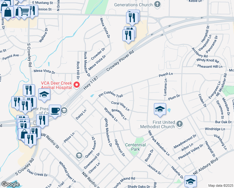 map of restaurants, bars, coffee shops, grocery stores, and more near 416 Peach Lane in Burleson