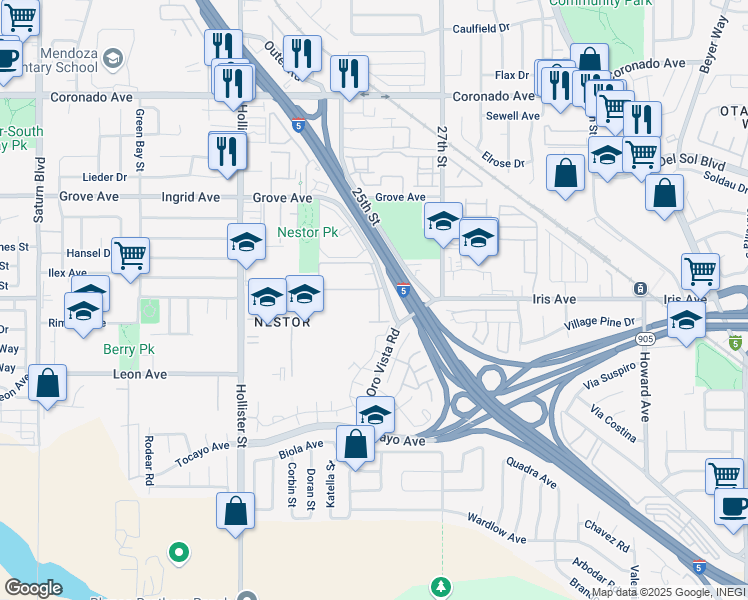 map of restaurants, bars, coffee shops, grocery stores, and more near 1480 Oro Vista Road in San Diego