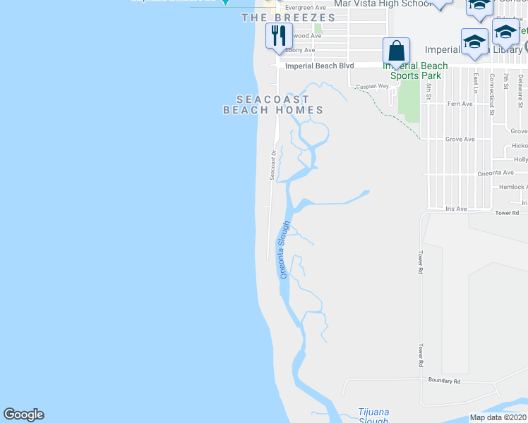 map of restaurants, bars, coffee shops, grocery stores, and more near 1482 Seacoast Drive in Imperial Beach