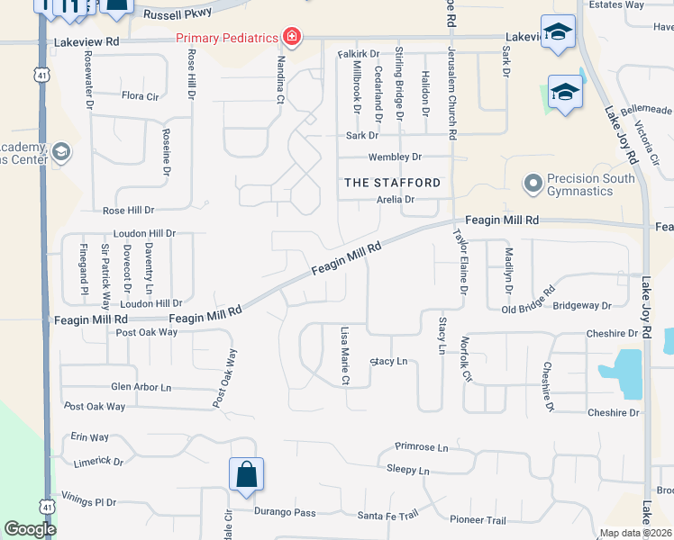 map of restaurants, bars, coffee shops, grocery stores, and more near 310 Emily Maygan Drive in Warner Robins