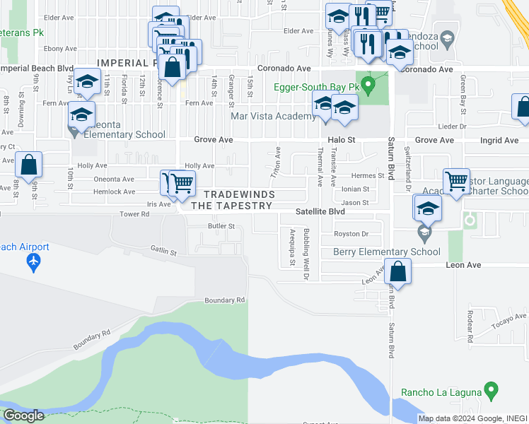 map of restaurants, bars, coffee shops, grocery stores, and more near 1555 Satellite Blvd in Imperial Beach