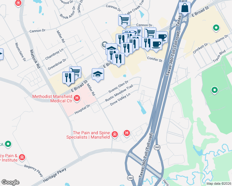 map of restaurants, bars, coffee shops, grocery stores, and more near 3112 Scenic Glen Drive in Mansfield