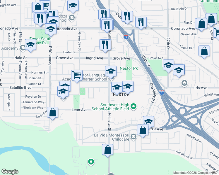 map of restaurants, bars, coffee shops, grocery stores, and more near Hollister Street in San Diego