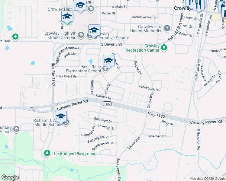 map of restaurants, bars, coffee shops, grocery stores, and more near 692 South Heights Drive in Crowley