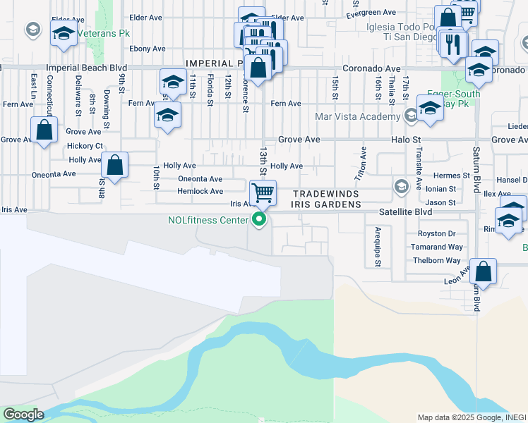 map of restaurants, bars, coffee shops, grocery stores, and more near 1498 13th Street in Imperial Beach