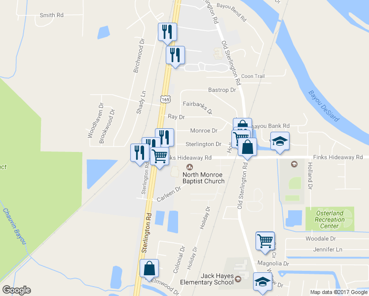 map of restaurants, bars, coffee shops, grocery stores, and more near 202 Sterlington Dr in Monroe