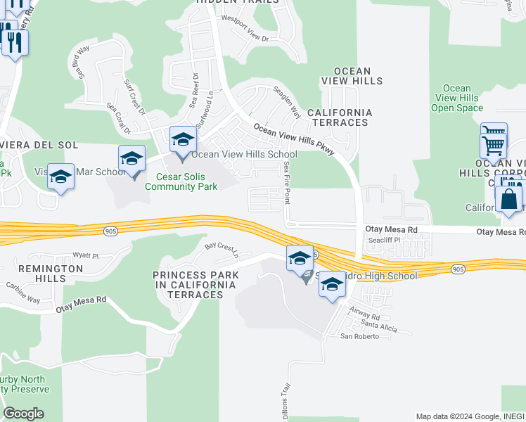 map of restaurants, bars, coffee shops, grocery stores, and more near 5204 Surfwalk Way in San Diego
