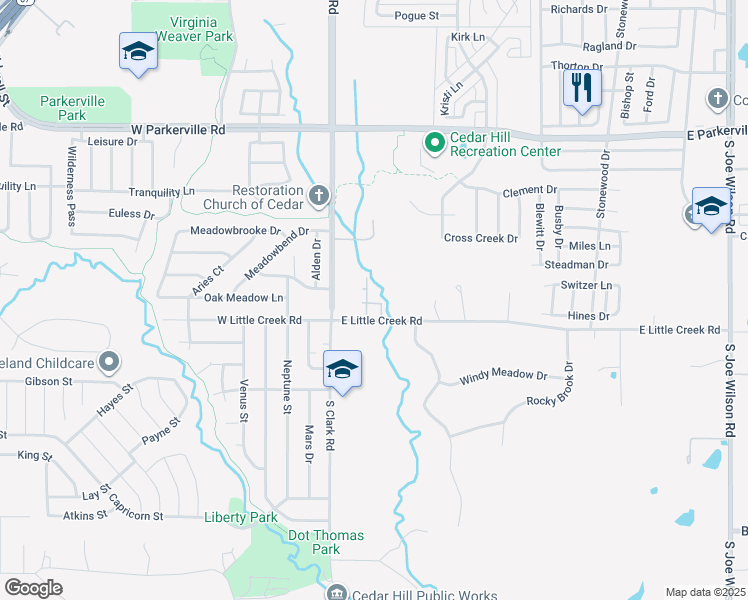 map of restaurants, bars, coffee shops, grocery stores, and more near 151 East Little Creek Road in Cedar Hill