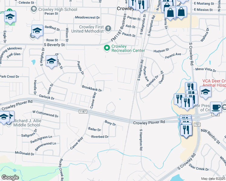map of restaurants, bars, coffee shops, grocery stores, and more near 542 Mast Court in Crowley