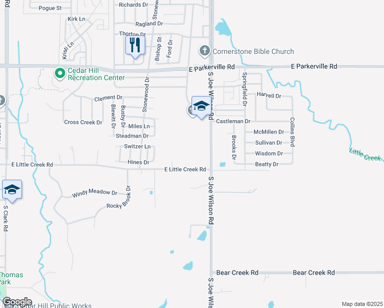 map of restaurants, bars, coffee shops, grocery stores, and more near 711 East Little Creek Road in Cedar Hill