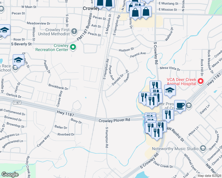 map of restaurants, bars, coffee shops, grocery stores, and more near 708 Owens Drive in Crowley
