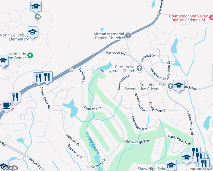 map of restaurants, bars, coffee shops, grocery stores, and more near 5004 Masters Lane in Columbus