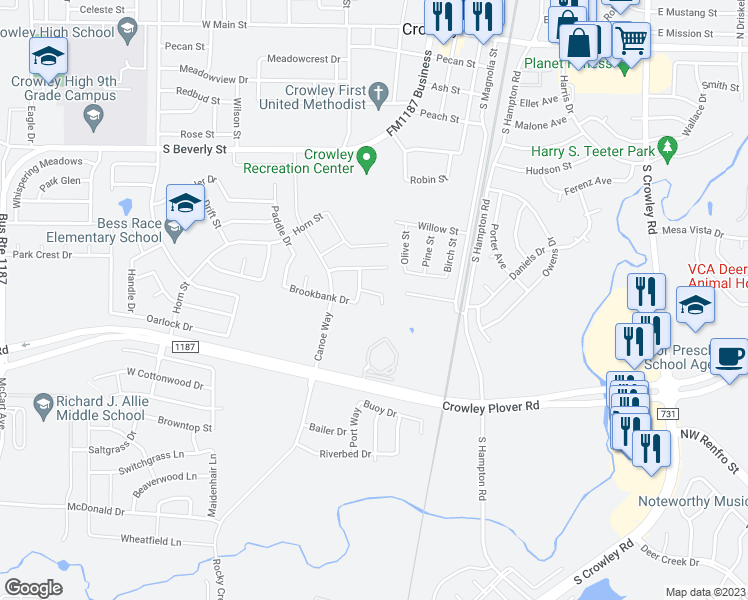 map of restaurants, bars, coffee shops, grocery stores, and more near 534 Mast Court in Crowley