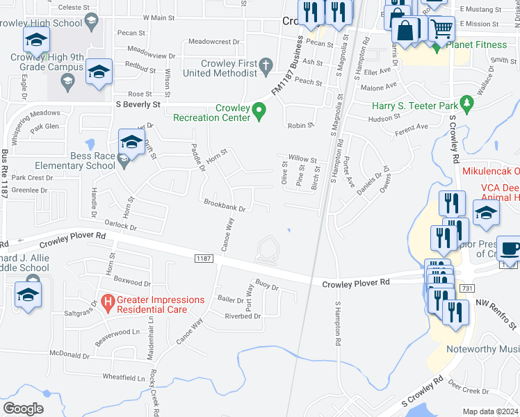 map of restaurants, bars, coffee shops, grocery stores, and more near 542 Mast Court in Crowley