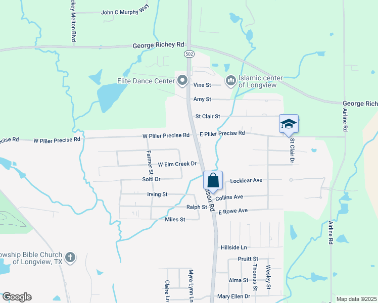 map of restaurants, bars, coffee shops, grocery stores, and more near 4609 Judson Road in Longview