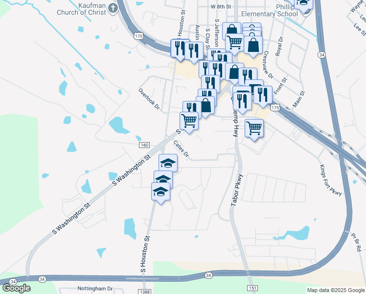 map of restaurants, bars, coffee shops, grocery stores, and more near 215 Cates Drive in Kaufman