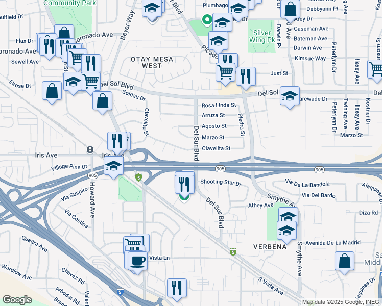 map of restaurants, bars, coffee shops, grocery stores, and more near 3577 Clavelita Street in San Diego