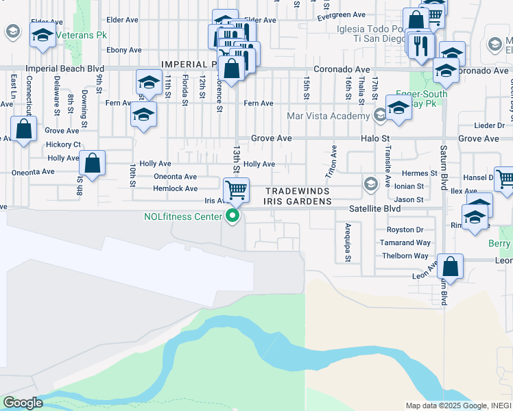 map of restaurants, bars, coffee shops, grocery stores, and more near 1324 Iris Avenue in Imperial Beach