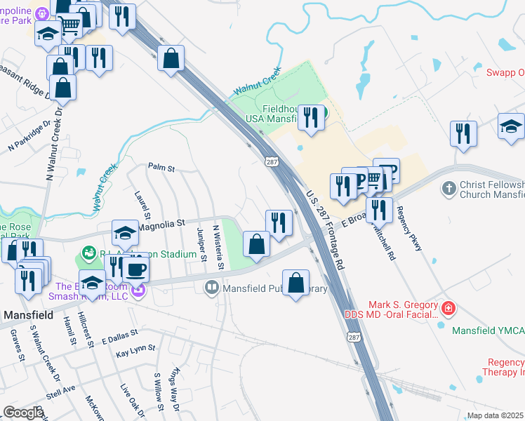 map of restaurants, bars, coffee shops, grocery stores, and more near 28 Shady Valley Court in Mansfield