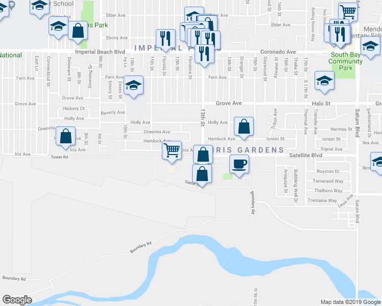 map of restaurants, bars, coffee shops, grocery stores, and more near 1215 Iris Avenue in Imperial Beach