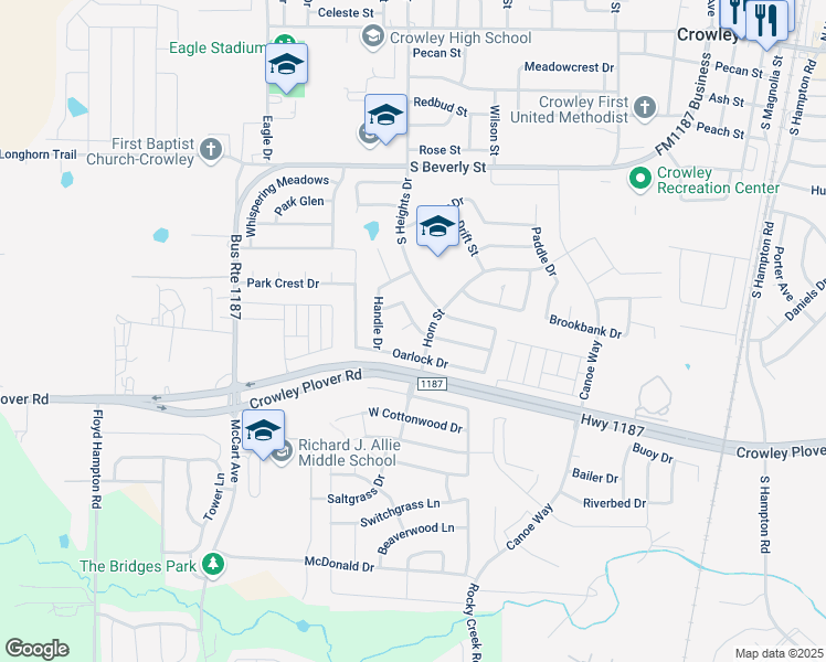 map of restaurants, bars, coffee shops, grocery stores, and more near 907 Keel Line Ct in Crowley