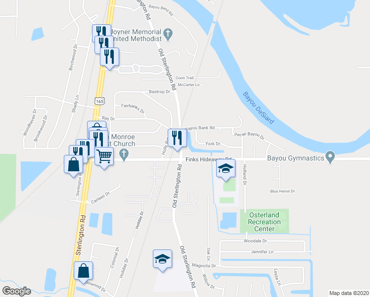 map of restaurants, bars, coffee shops, grocery stores, and more near 4214 Old Sterlington Road in Monroe