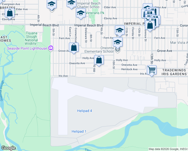map of restaurants, bars, coffee shops, grocery stores, and more near 831 Iris Avenue in Imperial Beach