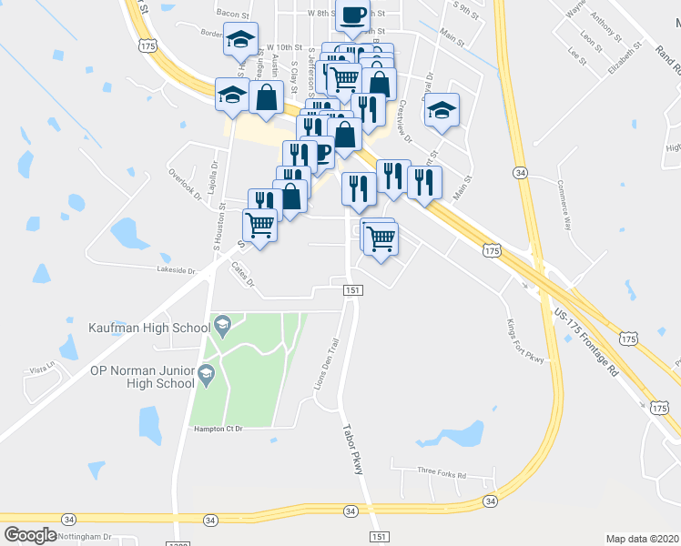 map of restaurants, bars, coffee shops, grocery stores, and more near 2700 Old Kemp Highway in Kaufman