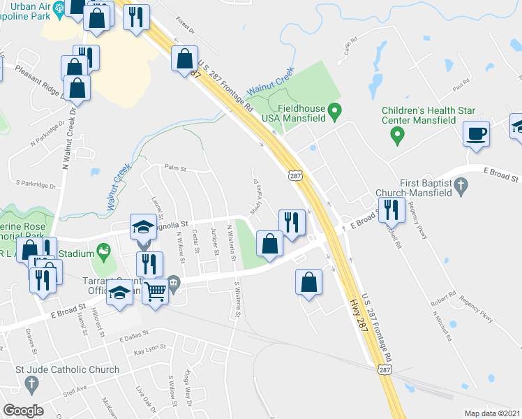 map of restaurants, bars, coffee shops, grocery stores, and more near 212 Shady Valley Drive in Mansfield