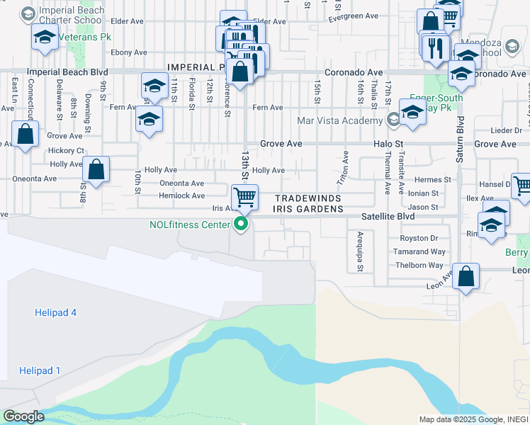 map of restaurants, bars, coffee shops, grocery stores, and more near 1336 Iris Avenue in Imperial Beach