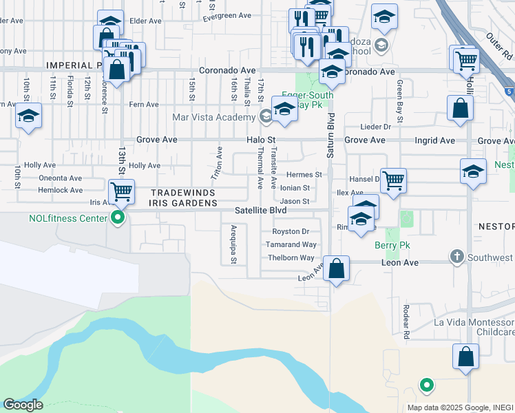 map of restaurants, bars, coffee shops, grocery stores, and more near 1482 Thermal Avenue in San Diego