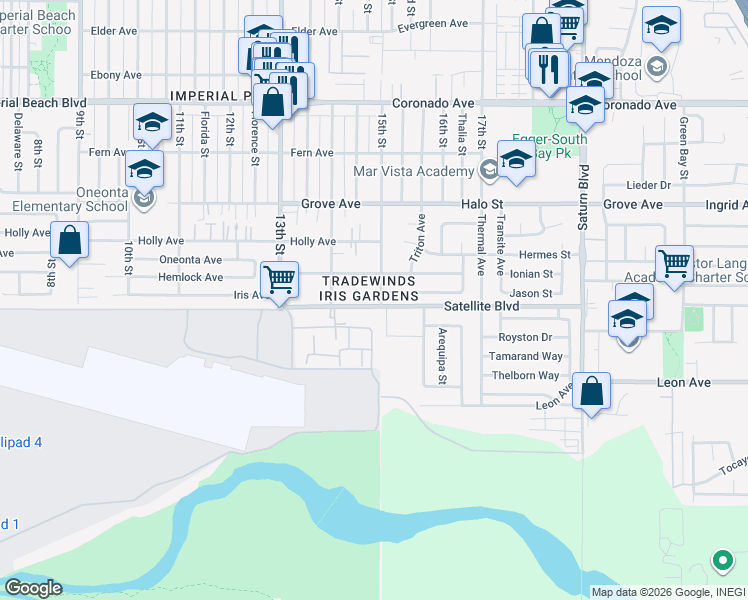 map of restaurants, bars, coffee shops, grocery stores, and more near in Imperial Beach